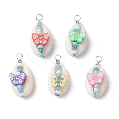 Natural Cowrie Shell & Handmade Polymer Clay Copper Wire Wrapped Pendants PALLOY-JF03818-02-1