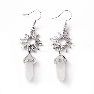 Natural Quartz Crystal Bullet with Sun Dangle Earrings EJEW-I276-01P-20-1