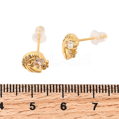Brass Micro Pave Clear Cubic Zirconia Moon Stud Earrings EJEW-C158-10G-1