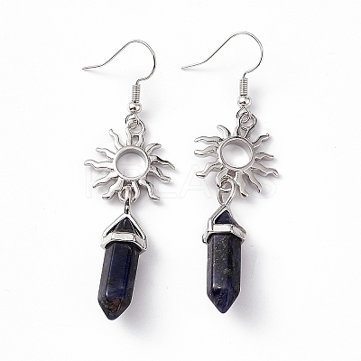 Natural Sodalite Bullet with Sun Dangle Earrings EJEW-I276-01P-04-1