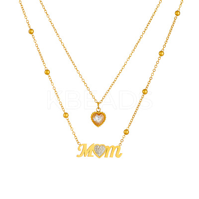 304 Stainless Steel Pave Clear Cubic Zirconia Mom Heart Pendant Double Layer Necklaces for Mother's Day WG85AFE-01-1