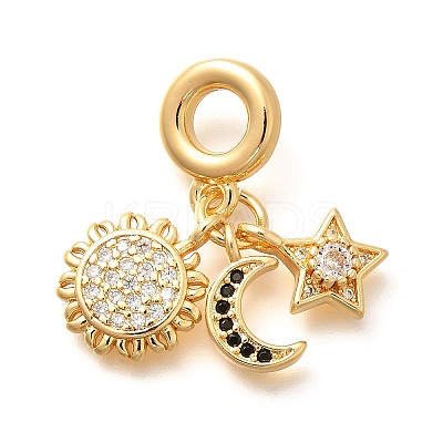Brass Black & Clear Cubic Zirconia Sun & Star & Moon European Dangle Charms KK-U048-07G-1