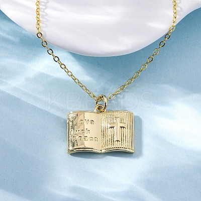 Brass Cross Bible Book Pendant Necklaces for Women Men NJEW-S438-03G-1