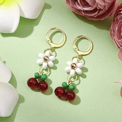 Natural Carnelian Beads & Glass Seed Dangle Hoop Earrings EJEW-MZ00309-02-1