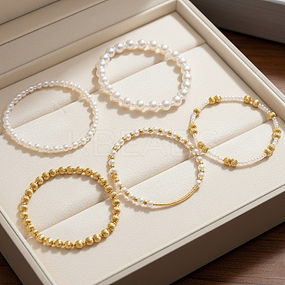 5Pcs 5 Styles Brass & Imitation Pearl Round Beads Stretch Bracelets QX7837-1-1