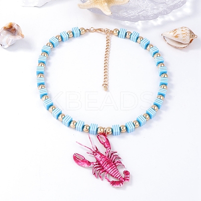 Plastic Pink Lobster Pendant Striped Square Beaded Necklaces with Alloy End Chains LS-NJEW-D336-02G-1