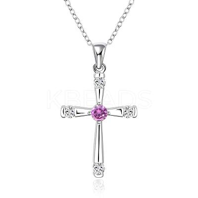 Silver Color Plated Brass Cubic Zirconia Cross Pendant Necklaces NJEW-BB09493-1