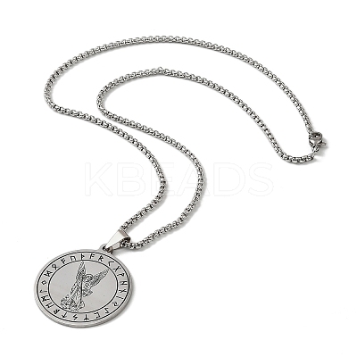 201 Stainless Steel Flat Round with Archangel Saint Michael Pendant Necklaces for Women Men NJEW-F344-02P-1