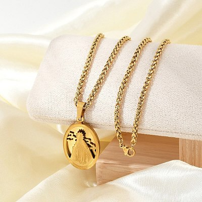 201 Stainless Steel Virgin Mary Pendant Wheat Chain Necklaces for Men NJEW-S387-09G-03-1