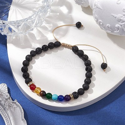 Adjustable Chakra 6mm Round Natural Dyed Malaysia Jade & Tiger Eye & Lava Rock BJEW-JB10614-1