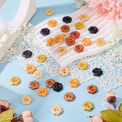 120Pcs 6 Colors 2-Hole Wood Flower Buttons BUTT-TA0001-40C-1