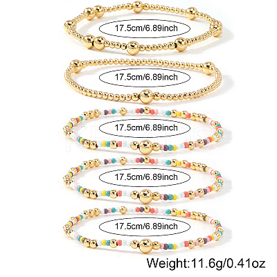 5Pcs 5 Styles Brass & Glass Beads Stretch Bracelets LM8545-1-1