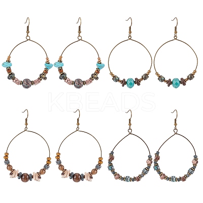 3 Pairs 3 Style Bohemia Glass & Acrylic Beaded Circle Ring Dangle Earrings EJEW-AN0002-95-1