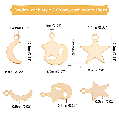 60Pcs 3 Style Moon & Star Brass Charms KK-PH0039-79-1