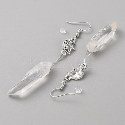 Natural Quartz Crystal Bullet with Moon Dangle Earrings EJEW-WH0009-41-1