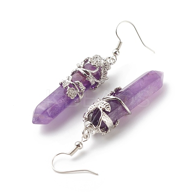 Gemstone Bullet with Flower Dangle Earrings EJEW-G300-02P-1