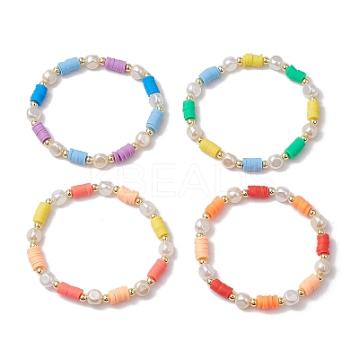 4Pcs 4 Colors Flat Round Polymer Clay Beads Stretch Bracelets for Women BJEW-JB11647-1
