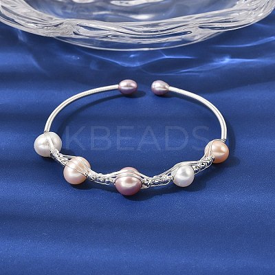 Brass Wire Wrapped Natural Pearl Cuff Bangles for Women BJEW-D453-01S-1