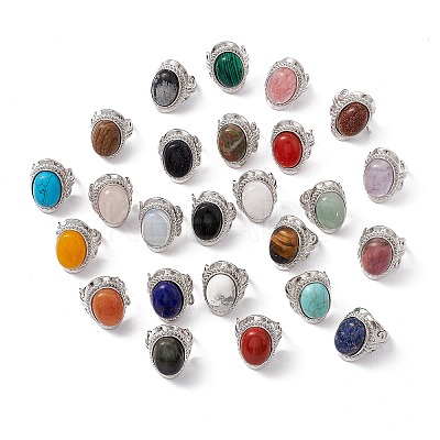 Gemstone Oval Adjustable Ring RJEW-P041-01P-1