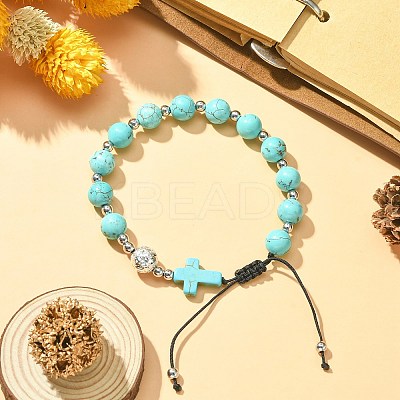 Synthetic Turquoise Round & Cross Braided Bead Bracelets BJEW-TA00321-02-1