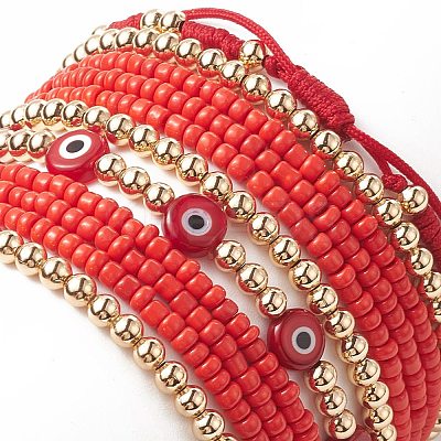 7Pcs 7 Style Evil Eye Lampwork & Glass Seed & Brass Beaded Stretch Bracelets Set for Women BJEW-JB09249-01-1
