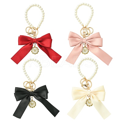 4Pcs 4 Colors Alloy Imitation Pearl Bowknot Keychains for Decorations ST-CJ0028-03-1