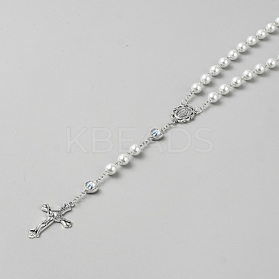 Jesus Cross Virgin Zinc Alloy Pendant Glass Pearl Round Rosary Bead Necklaces for Women Men NJEW-WH0022-21-1