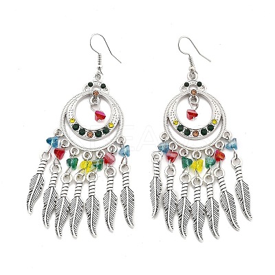 Ring & Feather Alloy & Glass Chandelier Earrings EJEW-G426-01AS-1
