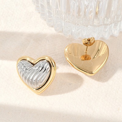 304 Stainless Steel Two Tone Heart Stud Earrings EJEW-M073-09PG-01-1