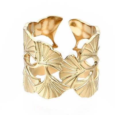 304 Stainless Steel Ginkgo Leaf Wrap Open Cuff Ring X-RJEW-T023-28G-1