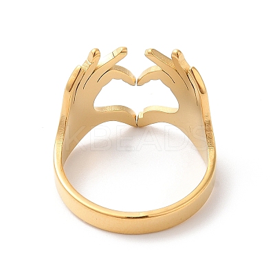 Ion Plating(IP) 304 Stainless Steel Hand Heart Open Cuff Ring for Women RJEW-K245-45G-1
