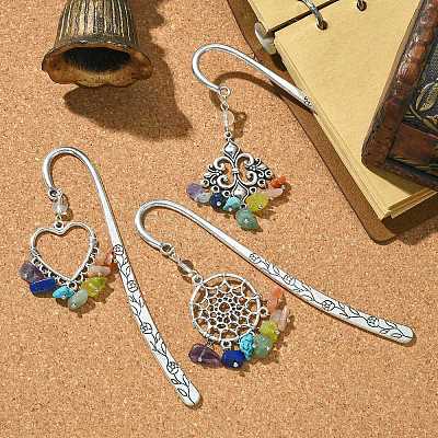 3Pcs 3 Style Fleur-de-lis/Woven Net/Heart Alloy Pendant Bookmark with Chakra Gemstone Chips AJEW-TA00008-1