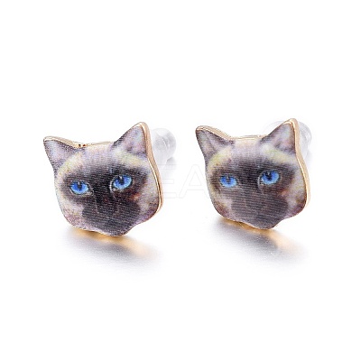 Real 14K Gold Plated Alloy Kitten Stud Earrings EJEW-G148-01G-05-1