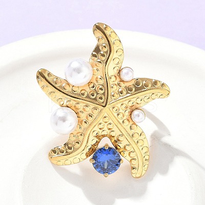304 Stainless Steel Micro Pave Cubic Zirconia Plastic Pearl Cuff Rings RJEW-D310-02C-G-1