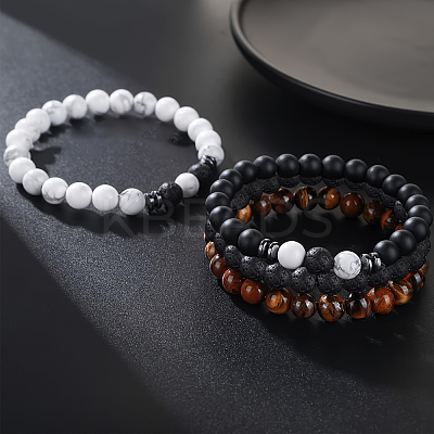 4Pcs Natural Lava Rock & Tiger Eye & Howlite Beaded Stretch Bracelets for Women Men QY3099-1