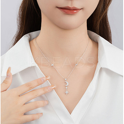 Star & Moon 925 Sterling Silver Micro Pave Clear Cubic Zirconia Pendant Necklaces WG720FB-01-1