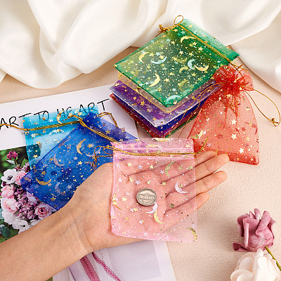 100Pcs 10 Colors Star & Moon Printed Organza Gift Bags OP-YS0001-02A-1