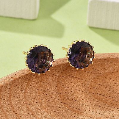 Flat Round Brass Glass Stud Earrings EJEW-G428-01G-1