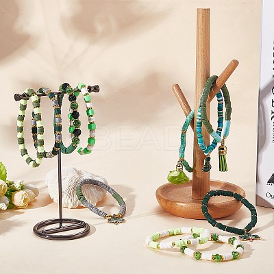 11Pcs 11 Style Alloy Enamel Clover & Cloth Flower Tassel Charm Stretch Bracelets Set BJEW-SW00101-1