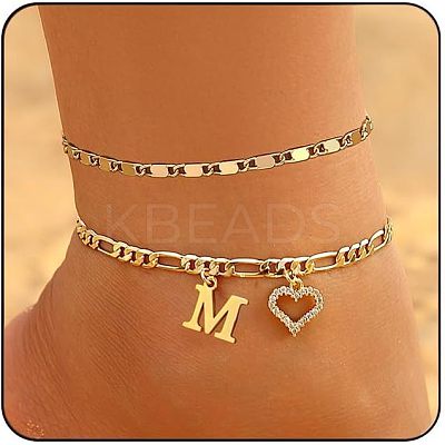 Brass Crystal Rhinestone Letter Heart Charm Double Layer Anklets for Women FS-WG41372-13-1