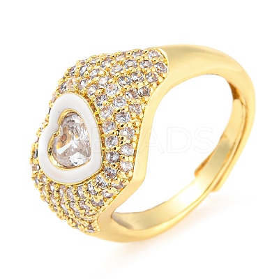 Enamel Heart Adjustable Ring with Clear Cubic Zirconia RJEW-Q781-01G-04-1