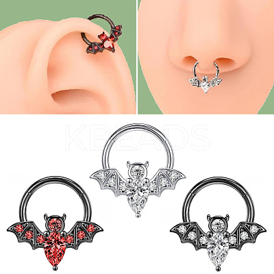 304 Stainless Steel Crystal Rhinestone Halloween Bat Hoop Nose Rings WG0E020-03-1