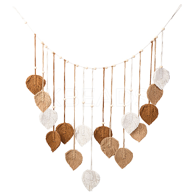 Bohemian Hand-woven Cotton Rope Leaf Tassel with Wood Beads Wall Hanging Ornaments FIND-WH20019-136B-03-1