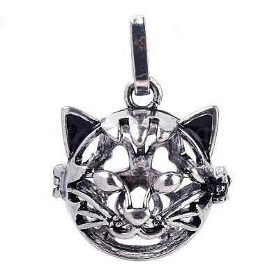 Rack Plating Brass Cage Hollow Kitten Pendants KK-S751-003AS-1