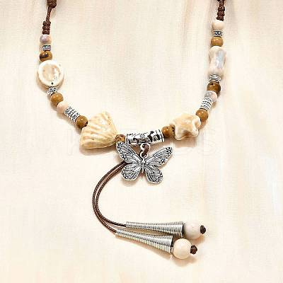 Ethnic Style Alloy & Porcelain Ceramic Beads Butterfly Pendant Tassel Y Necklaces NJEW-D308-01D-1