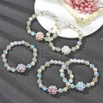 Synthetic Moonstone & Plastic Pearl & Hematite Beaded Stretch Bracelet BJEW-JB09503-1
