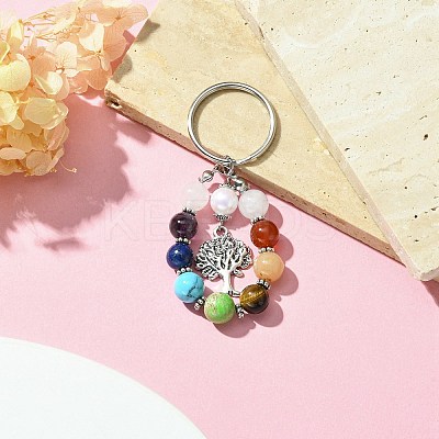7 Chakra Gemstone Bead Pendant Keychain with Tibetan Style Alloy Charm KEYC-JKC00539-05-1