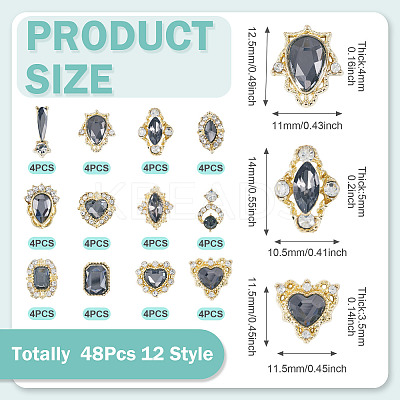 48Pcs 12 Styles Alloy Rhinestone Cabochons MRMJ-TA0001-45D-1