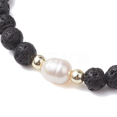 6mm Round Natural Lava Rock & Pearl Beaded Stretch Bracelets for Women BJEW-JB10619-02-1