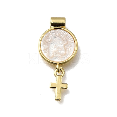 Brass Pave Natural White Shell Flat Round with Cross Pendants KK-C090-40G-07-1